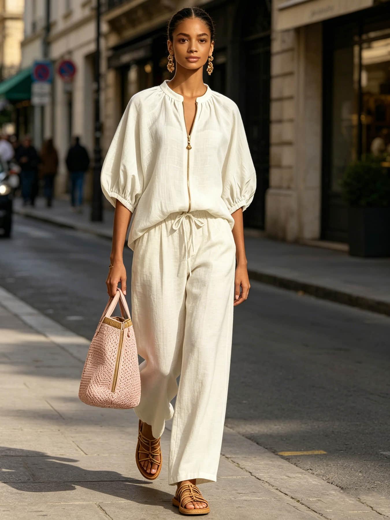 Two piece set of women's vacation casual basic fashion palazzo set Pants Sets Clothes solid color zipper round neck wide leg pants, suitable forallseasons, suitable for vacation, Outdoor, indoor and outdor wear.
