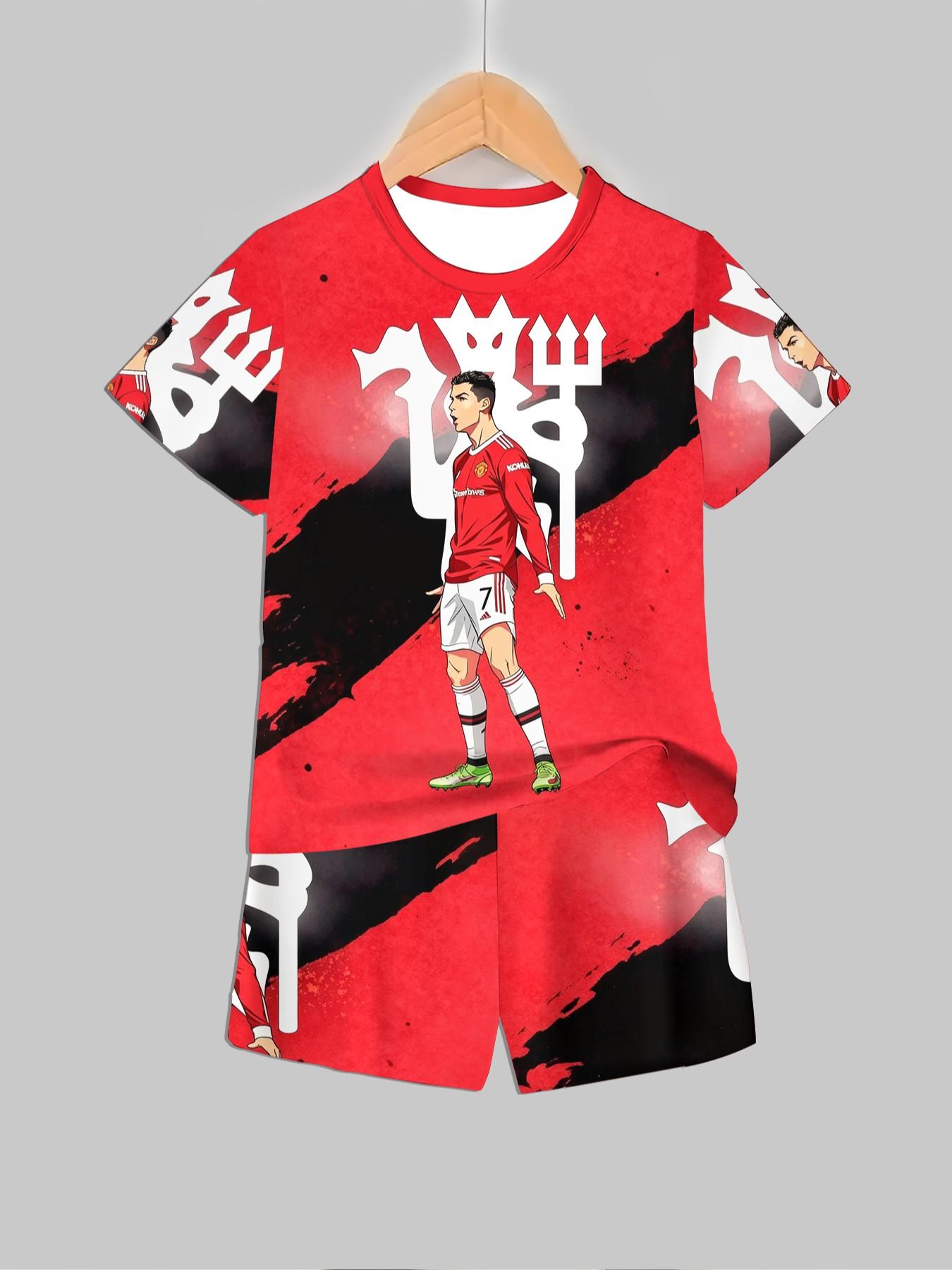 Boys' Colorblock Manchester United Cr7 Anime Print Tee and Track Shorts, Casual Summer, Party, Vacation, School Wear