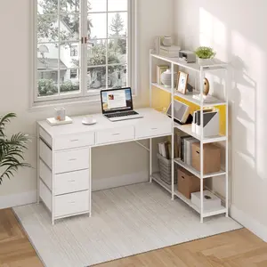 Garvee L Shaped Gaming Computer Desk with Storage Shelves, 6 Fabric Drawers, Corner Gaming Desk with Open Shelves, Home Office PC Table with Power Outlets & LED Lights, 58.3" l*54.3" h