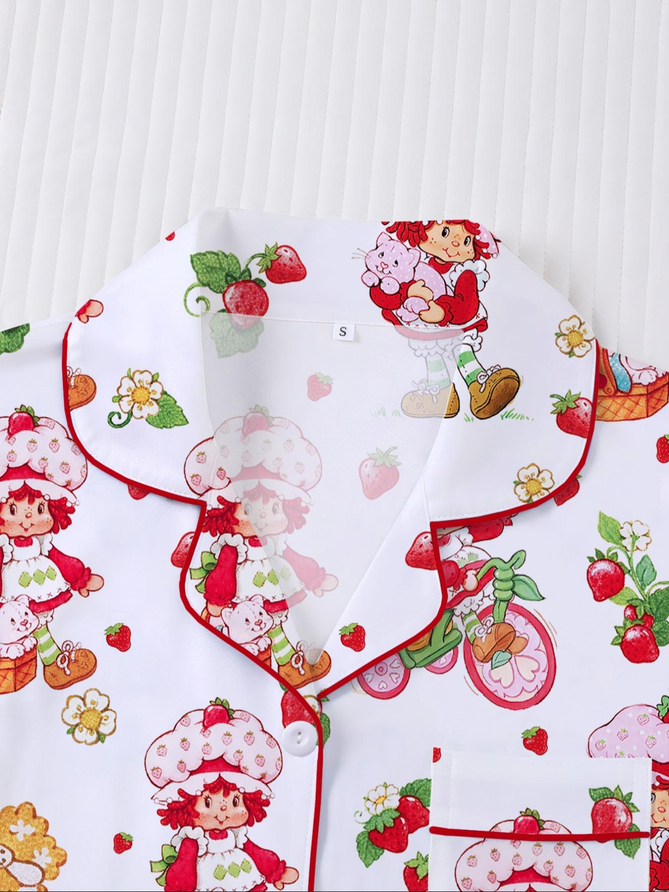 Women's Strawberry Cartoon Print Sleepwear Set, Short Sleeve Button-Up Top & Elastic Shorts, Casual Home Wear for Daily Use