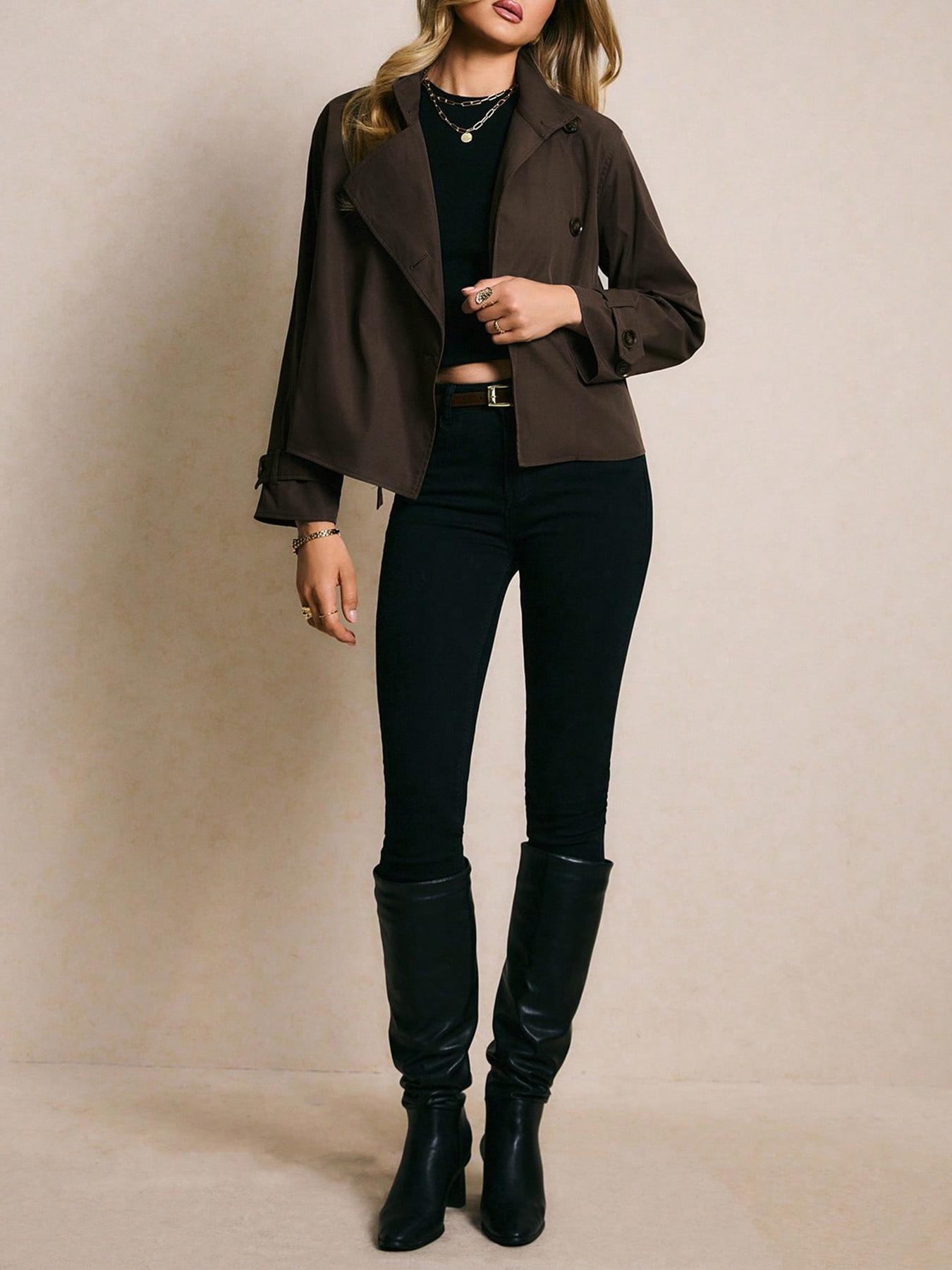 Ladies' brown trench coat with belt, ladies' trench coat, ladies' casual solid-color Woven Fit Asymmetrical Everyday trench coat, brown jacket, ladies' brown jacket, brown belted jacket, solid-color coat, stylish top