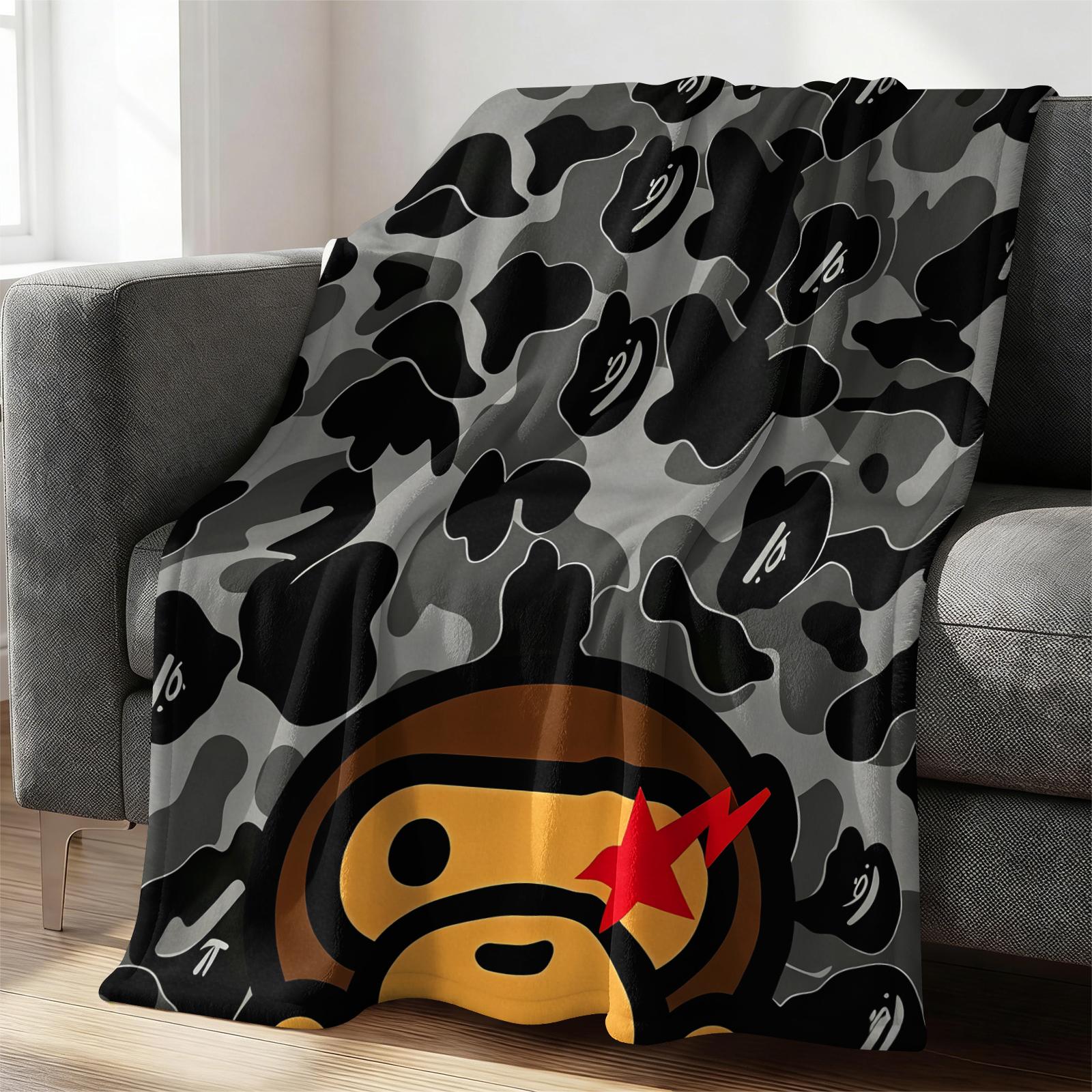Blue Camouflage Cartoon Ape Red Star Lightning Bolts Flannel Blanket, Soft and Lightweight Durable, Ideal for Bedroom Dorm Gaming Room Decor, Sofa Throw Cover, Office Nap Mat, Car Cover Blanket and Cool Gift