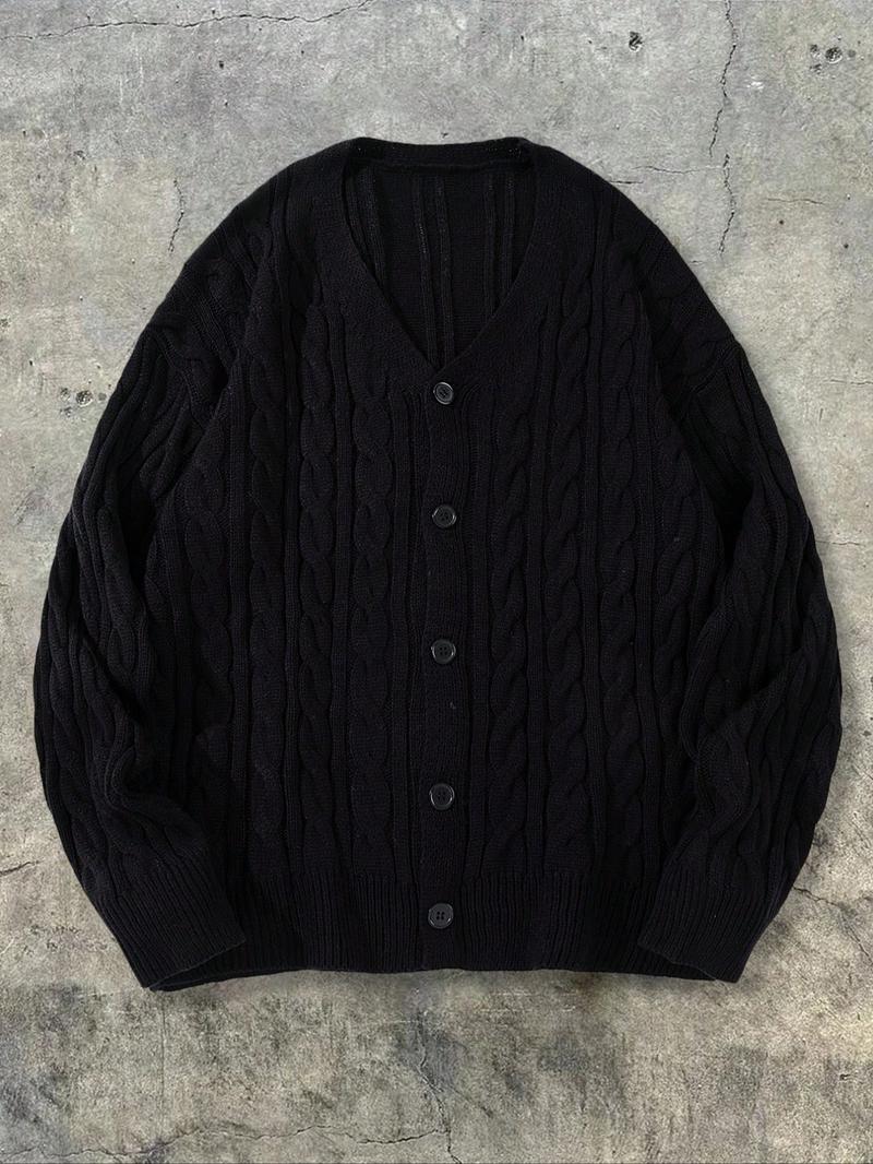 Men's V-Neck Long Sleeve Cardigan Sweater, Casual Loose Fit Knitwear for Spring & Fall, Street Style American Fashion