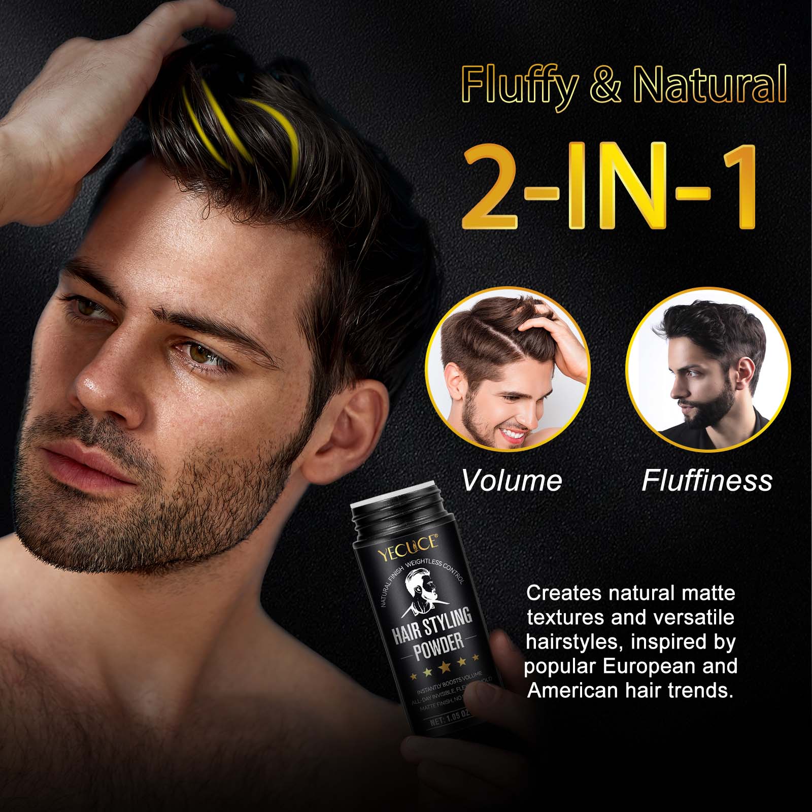 Yecuce Men's Hair Styling Powder 30g, Volumizing Powder, Matte Finish, Natural Look, Enhances Dry Hair Texture, Perfect for Pompadour Style