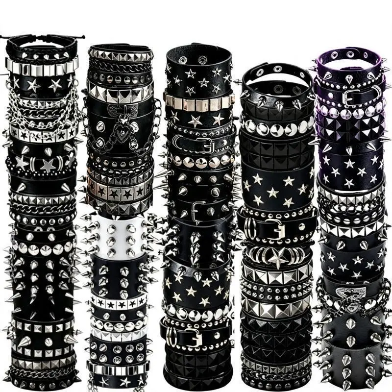 4/6/8/12/15Pcs Vintage PU Leather Bracelet Punk Bracelet Set for Women Men, Gothic Rivet Buckle Adjustable Cuff Black Wristband for Men Women, Perfect for Halloween Gift & Party Wear, Halloween Cosplay Rave Party Costume Jewelry