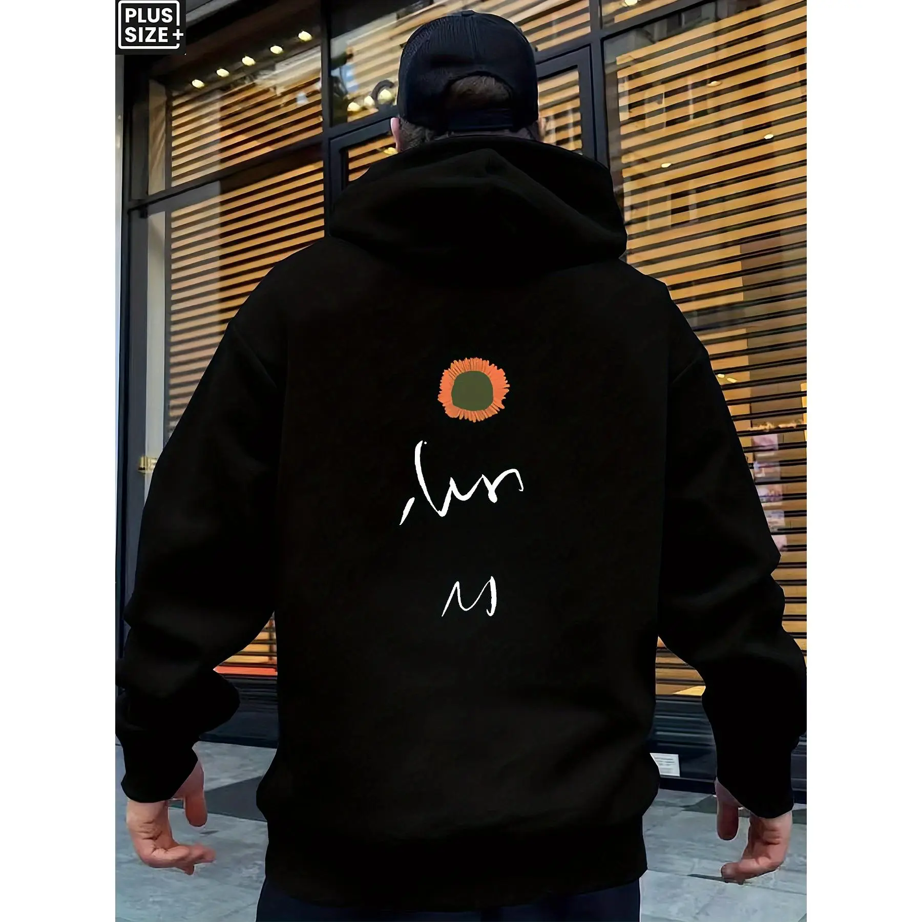 1pc [95% cotton 5% spandex] plus-size men's casual pocket loose-fitting hooded sweatshirt with "Sunflower" print, 240g, suitable for all seasons, manufactured by a global factory, men's comfortable, high-quality, high-fit casual sports 180g 100%
