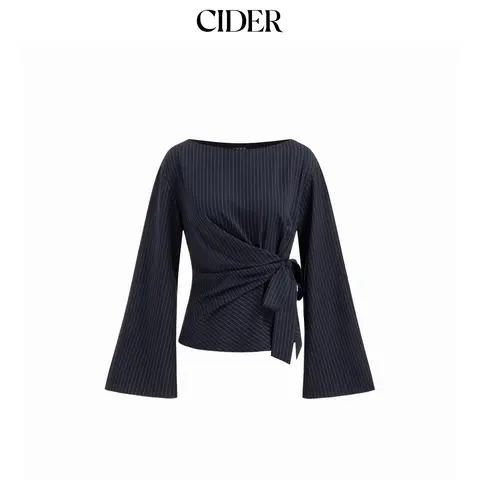 Cider Boat Neck Stripe Knotted Bell Sleeve Blouse