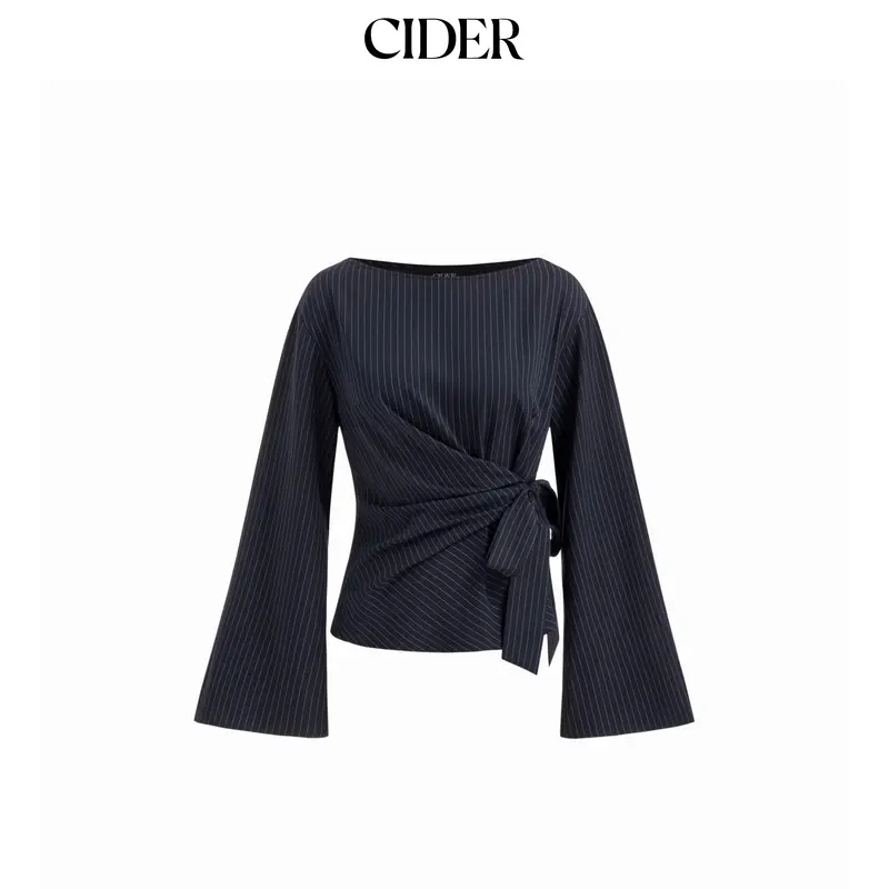 Cider Boat Neck Stripe Knotted Bell Sleeve Blouse