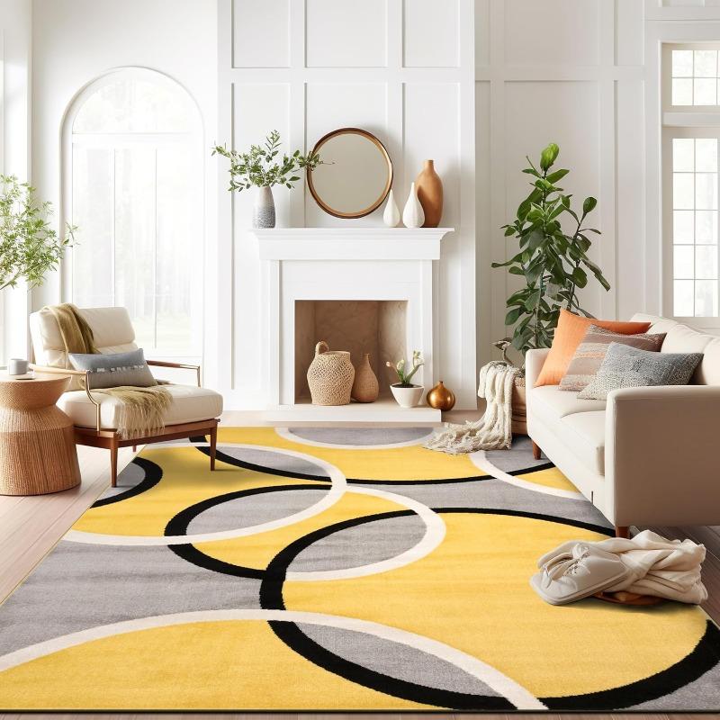 Modern Abstract Interlocking CircleGeometric Flannel Area Rug Yellow Grey Black WhiteContemporary Print Soft Mat for Living Room, Non-Slip MinimalistHomeDecor#AbstractInterlockingCircleRug #GeometricContemporaryMat #MinimalistHomeDecor  #NonSlipFlannelRug