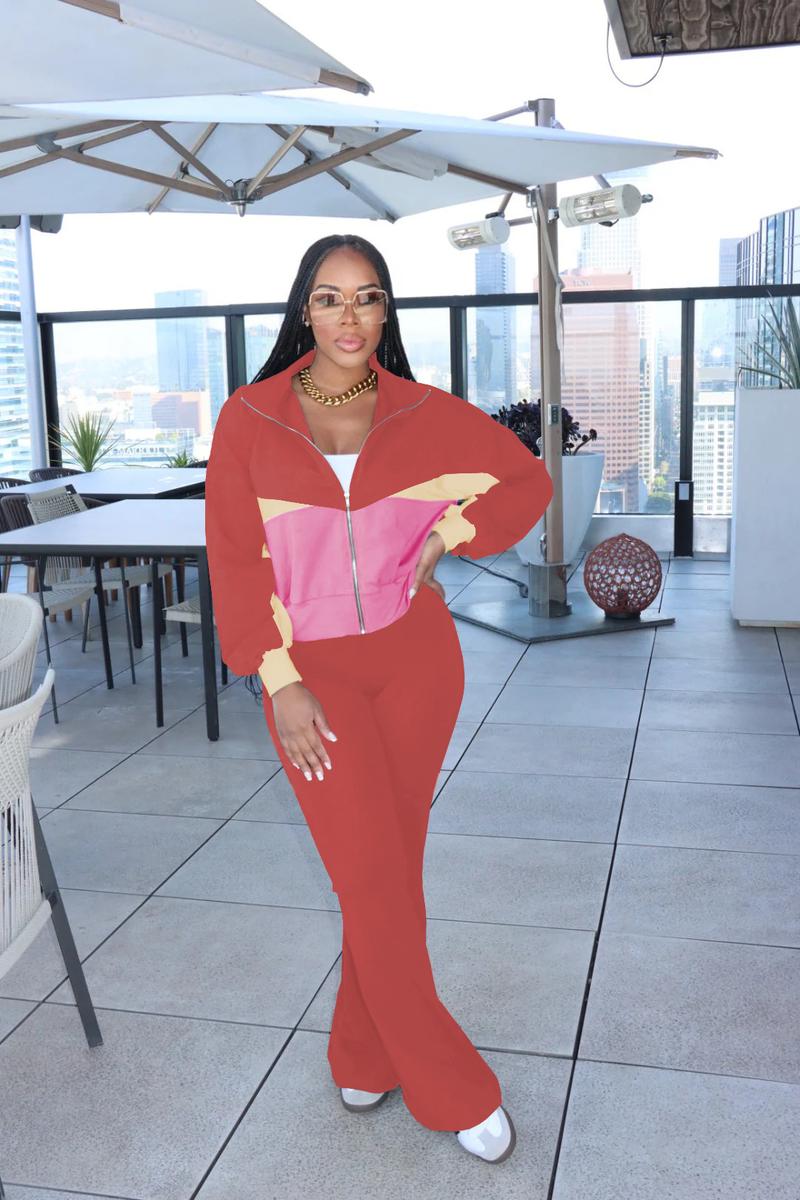 USBOUTIQUECHIC Chic Color-Contrast Zip-Front Top & Lounge Pants - Fashionable Casual Wear, Cozy Fall Matching Outfit 2-piece set woman - Clothes