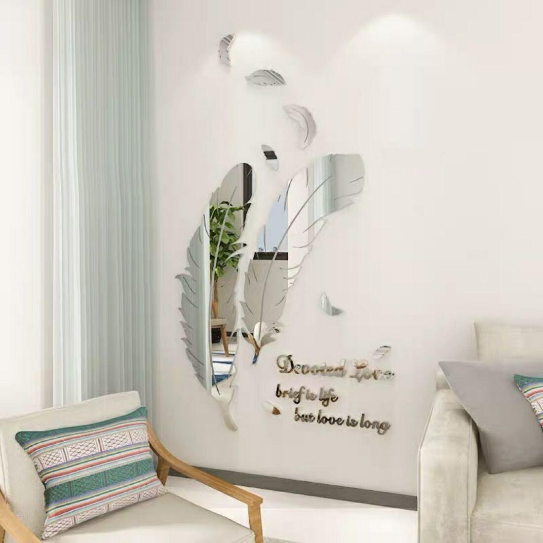 Feather Acrylic Mirror Wall Stickers, 3D Self-Adhesive DIY Feather Mirror Wall Decals, Modern Minimalist Nordic Style Shatterproof Wall Art Decor with Love Quote for Living Room Bedroom Entryway, Make Room Look Bigger, Easy Install