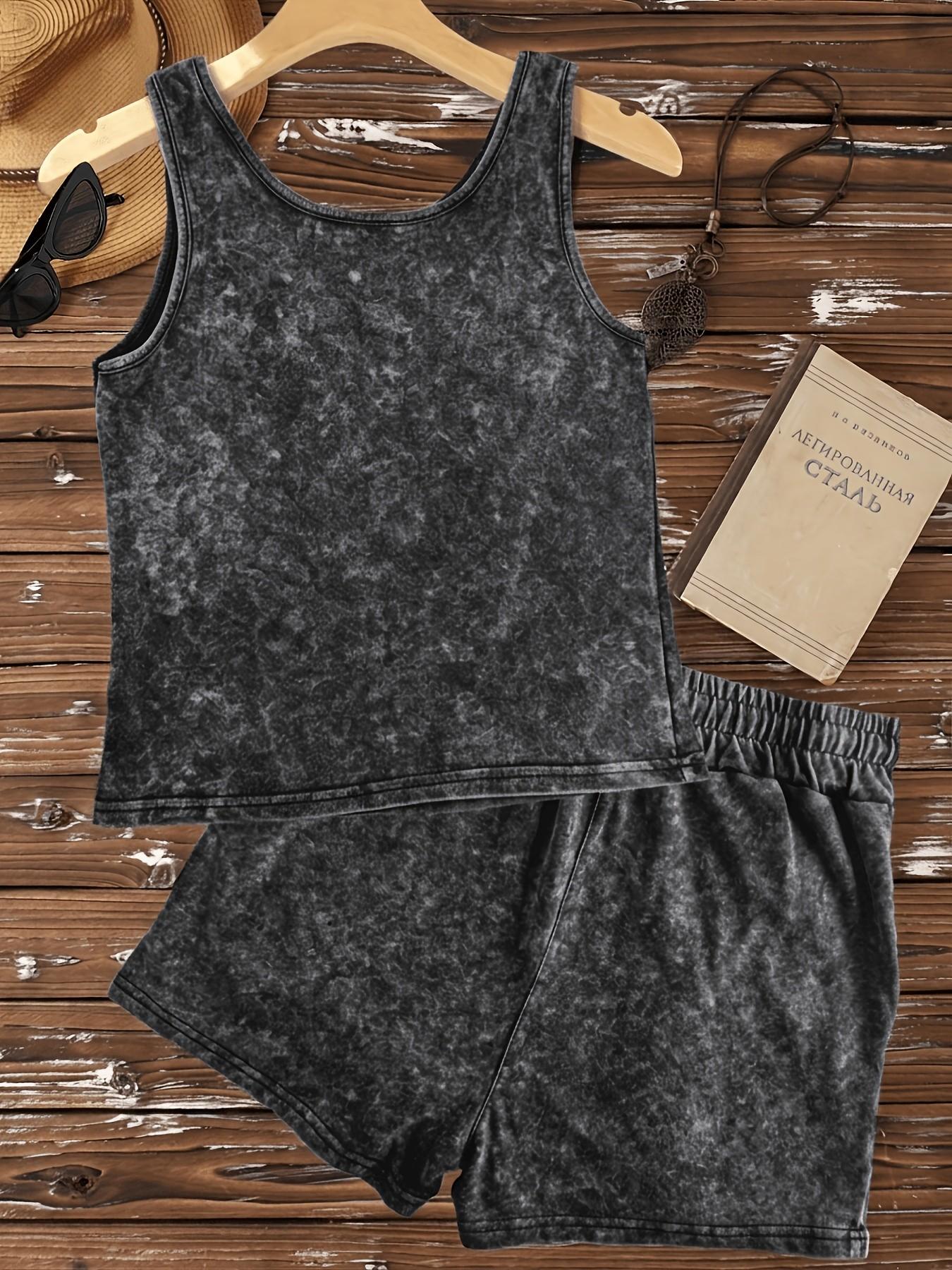American Retro Vintage Washed Matching Set: U-Neck Cropped Sleeveless Racerback Tank + High-Waisted Drawstring Shorts – Available in Multiple Colors – A Must-Have Summer Set for a Casual, Trendy, Edgy Look.