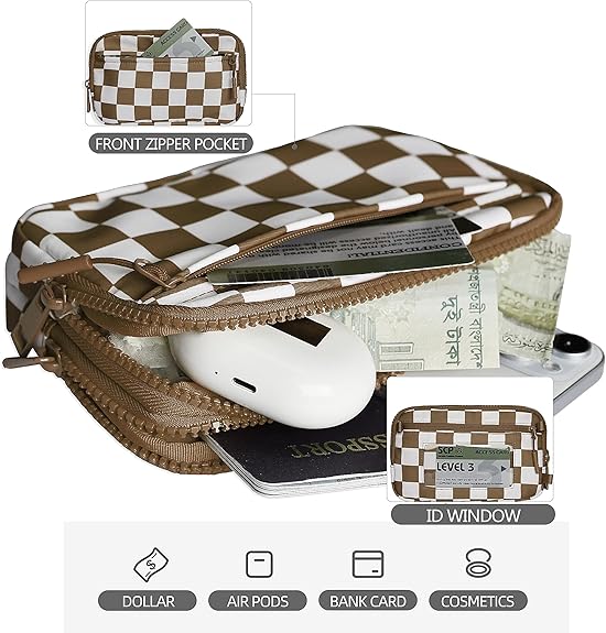 Checkered Wristlet Wallets for Women Nylon Quilted with 4 Zippers Travel Credit Card Holder Cell Phone Organizer Coin Purse Crossbody Key Bag with ID Window RFID Blocking Compact Pouch