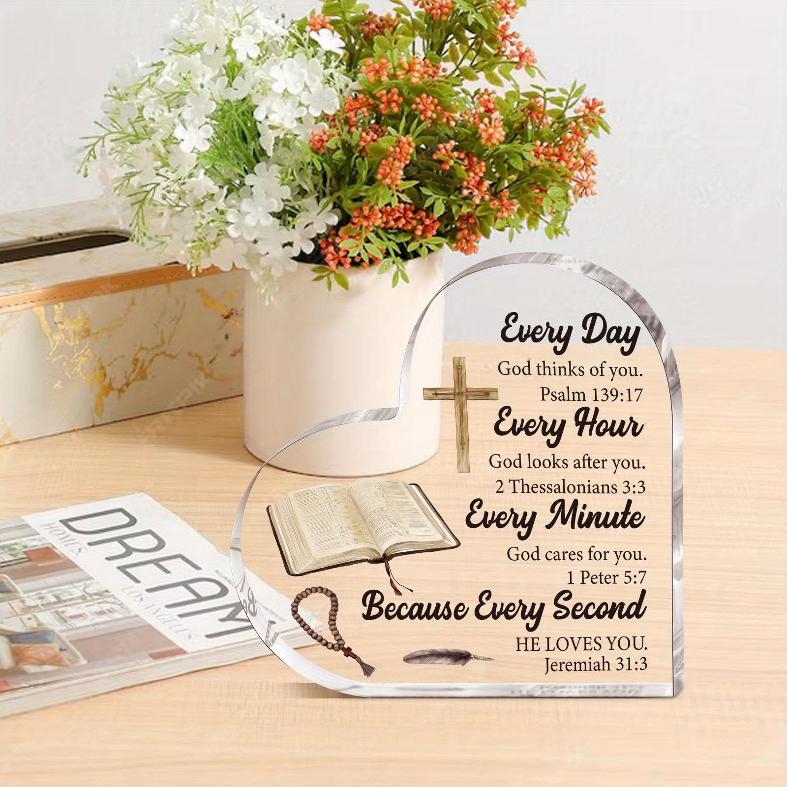 Acrylic Heart Shaped Plaque, 1 Count Bible Verse Pattern Ornament, Home Office Desk Decoration Gift for Pastors Women Daughter Friends Bestie, Acrylic Plaque Sign