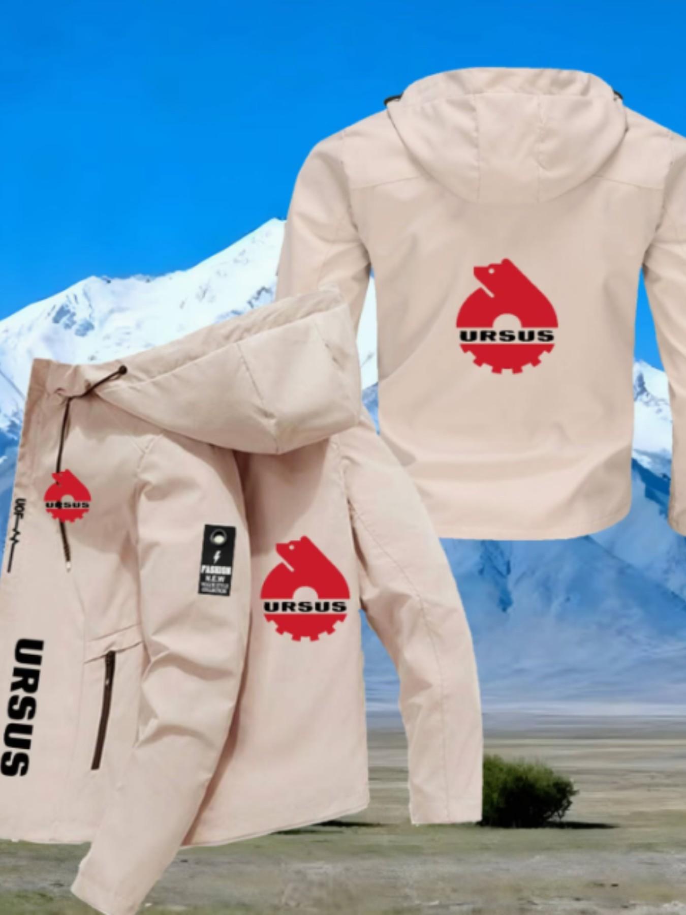 Men's Fashion Ursus Logo Lightweight Outdoor Windproof Jacket, Bear Print, Long Sleeve, Fitted, All Seasons, Durable Polyester