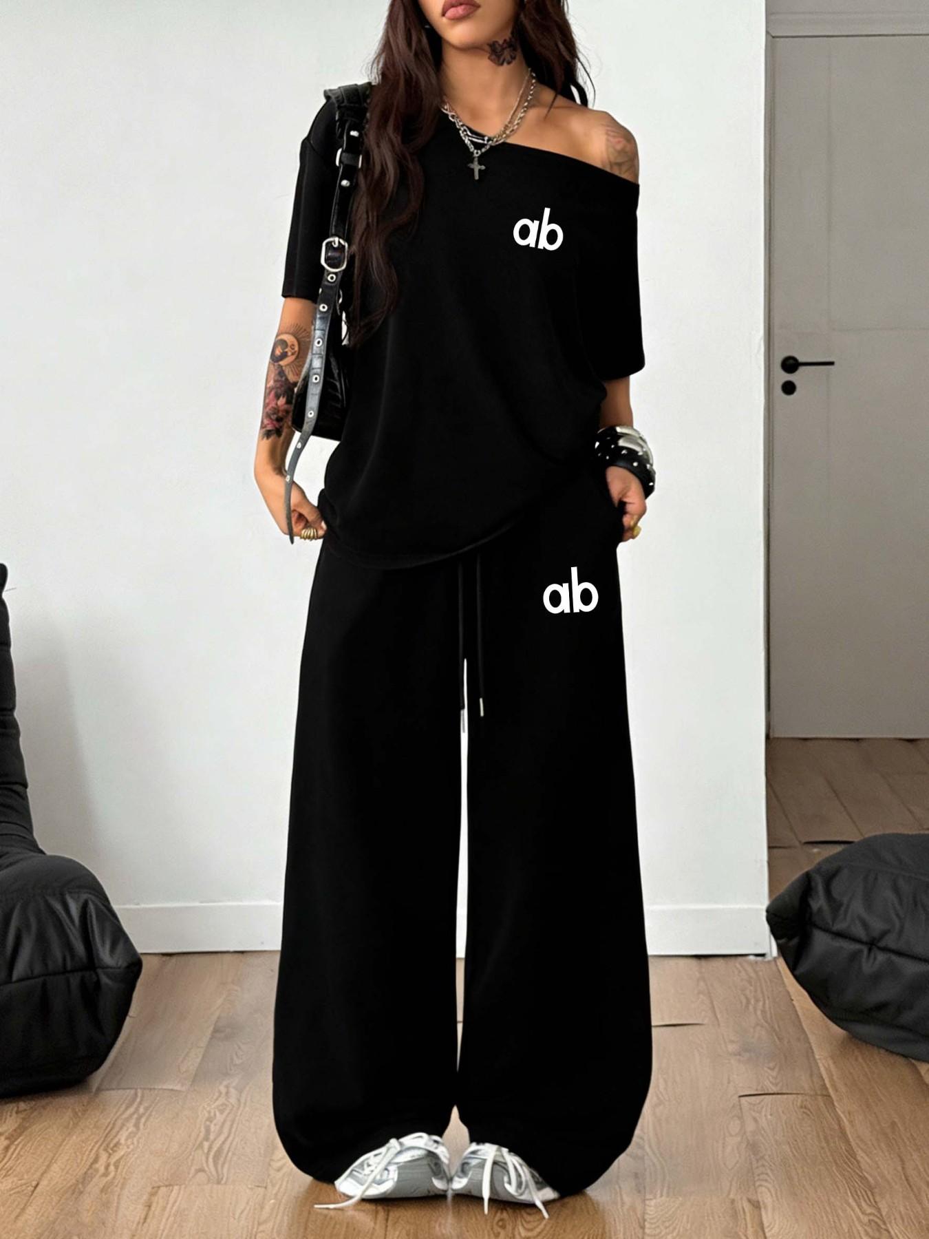 Women ab Letter Print Off-Shoulder Oversized T-Shirt & Wide Leg Pants Two Piece Set, Womenswear, Loose Fit, Soft Breathable Cotton Fabric, Perfect for Street Style, Daily Errands & Casual Lounging, Clothes Women ab Letter Print Off-Shoulder Oversized T-Shirt & Wide Leg Pants Two Piece Set, Womenswear, Loose Fit, Soft Breathable Cotton Fabric, Perfect for Street Style, Daily Errands & Casual Lounging, Clothes