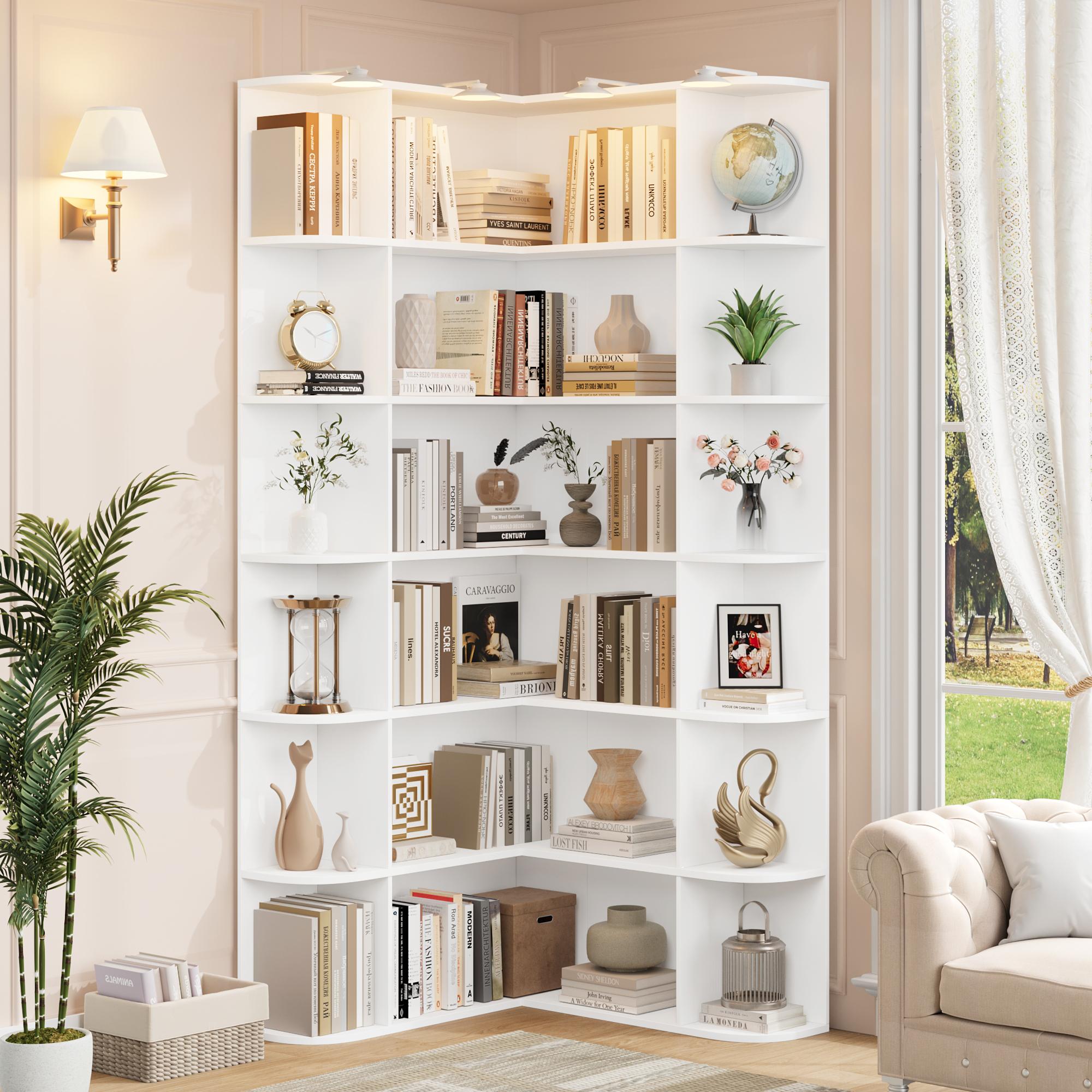 FOTOSOK 74'' Tall Corner Bookshelf, 6-Tier Bookshelf and Bookcase with Open Storage, L Shaped Tall Bookcases Wooden Storage Shelves for Home Office
