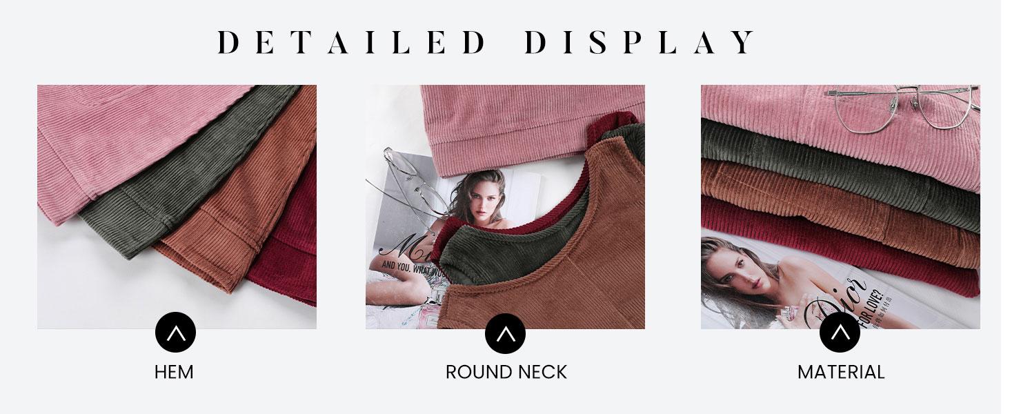 Ommig Women's Corduroy Overall Dress Round Neck A Line Skirtall Jumper Mini Dress Pinafore with Pockets ValentinesDay Outfit