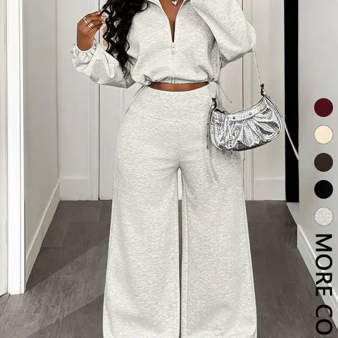 Women's 2-Piece Set: Half-Zip Drawstring Top + Wide-Leg Baggy Pants, Loose Fit Long Sleeve Pullover, Casual Daily Wear, Sporty & Holiday Style