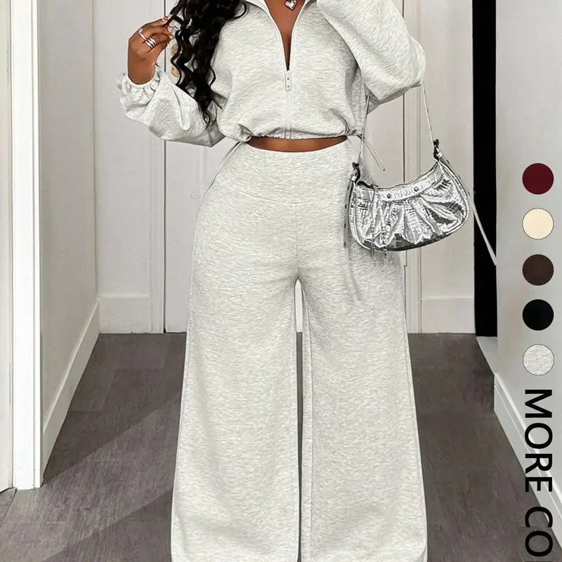 Women's 2-Piece Set: Half-Zip Drawstring Top + Wide-Leg Baggy Pants, Loose Fit Long Sleeve Pullover, Casual Daily Wear, Sporty & Holiday Style