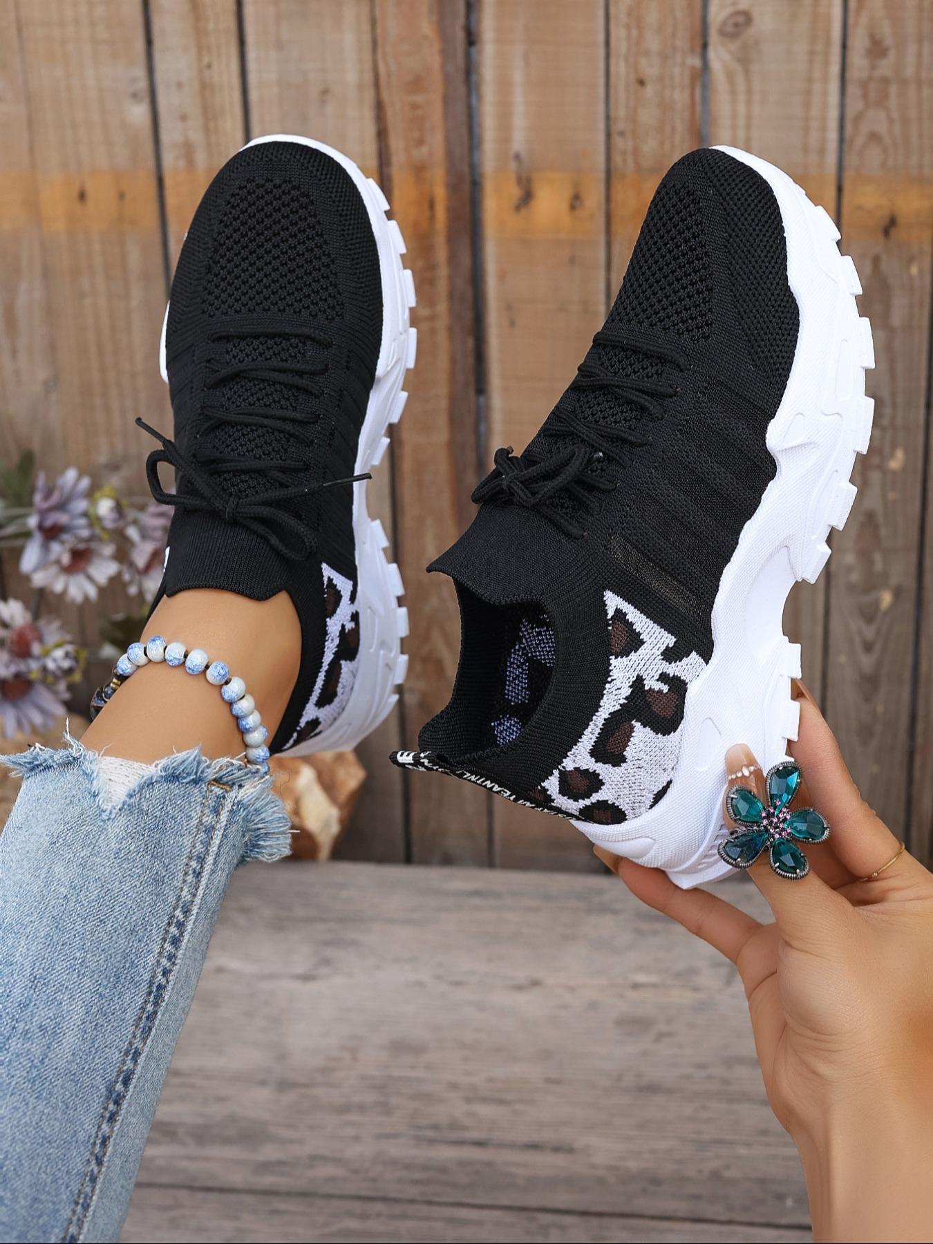Women's Fashion Leopard Print Lace Up Low Top Sneakers, Casual Comfortable Sporty Running Shoes, Female All-match Round Toe Trending Fashionable Running Athletic Shoes for Daily Wear, Breathable Running Shoes, Workout Sneakers