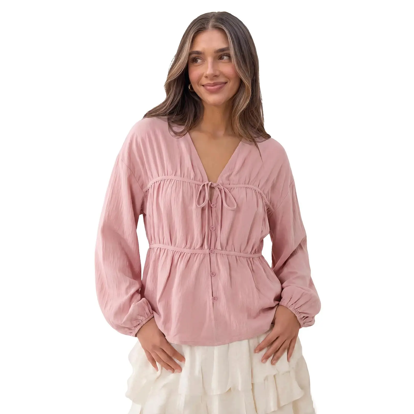Imily Bela V‑Neck Button Front Drawstring Waist Long Sleeve Tops, Women Casual Lantern Sleeve Peplum Blouse