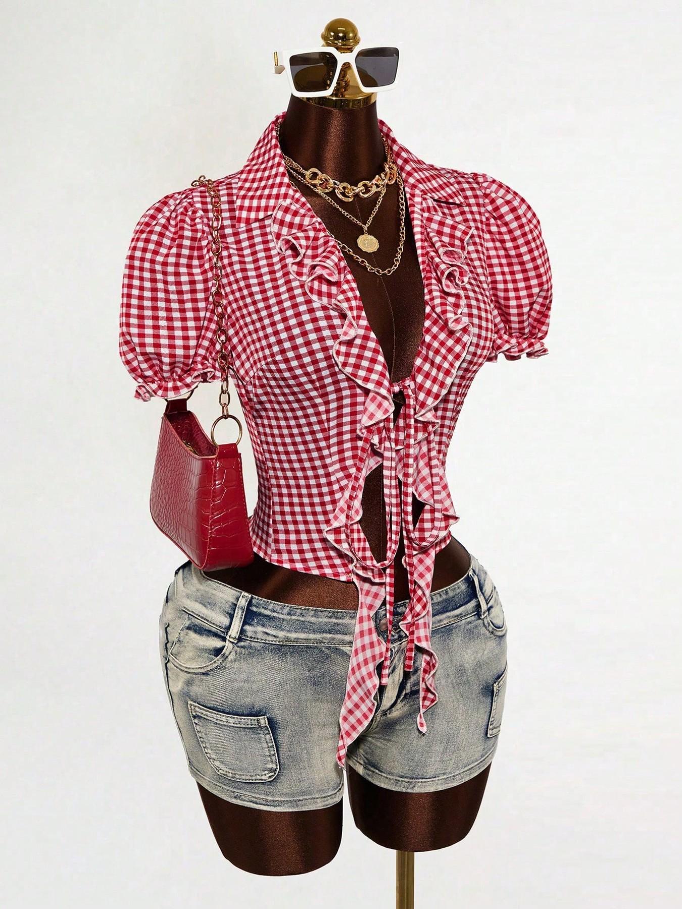 Women's Plaid Bubble Sleeve Tie Short Shirt, Ruffled Hem Crop Top, Perfect for Vacation, Brunch, Date, Farmhouse Style, Sweet & Spicy Look