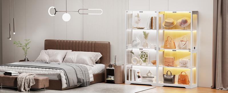 Brottar Display Cabinet with Glass Doors, Storage Cabinet with 3 Color Light, 4-Tier Curio Cabinet Bookcase for Collectibles, Toys, Books, for Playroom, Bedroom, Study Room, White