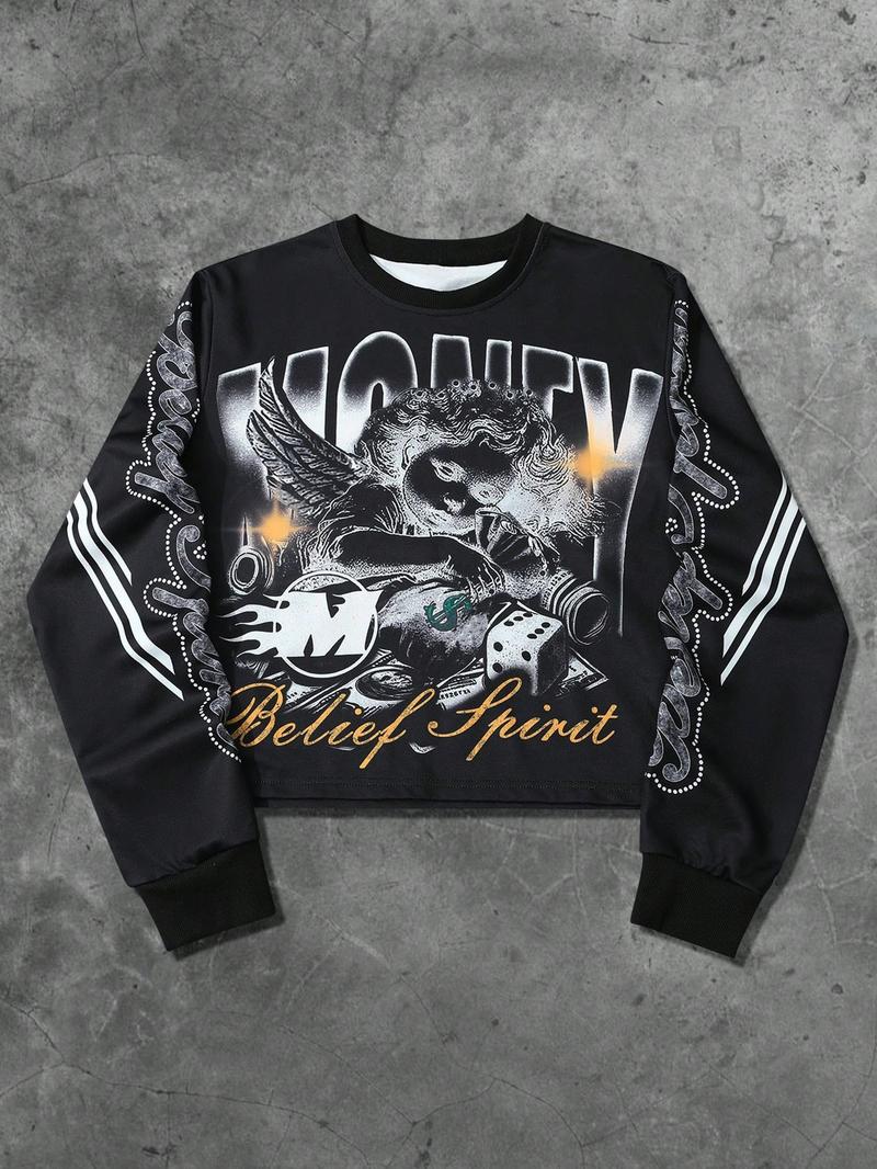 Unisex Streetwear Angel Print Design Sweatshirt, Loose-fitting Casual Long Sleeve Crewneck for Fall & Winter Fashion