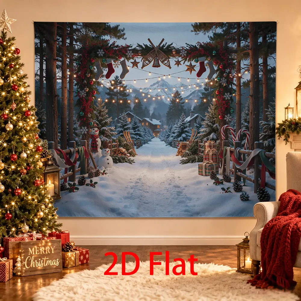 Christmas Snowshoe Lodge Backdrop Snowy Forest Garland Snowman Photo Background
