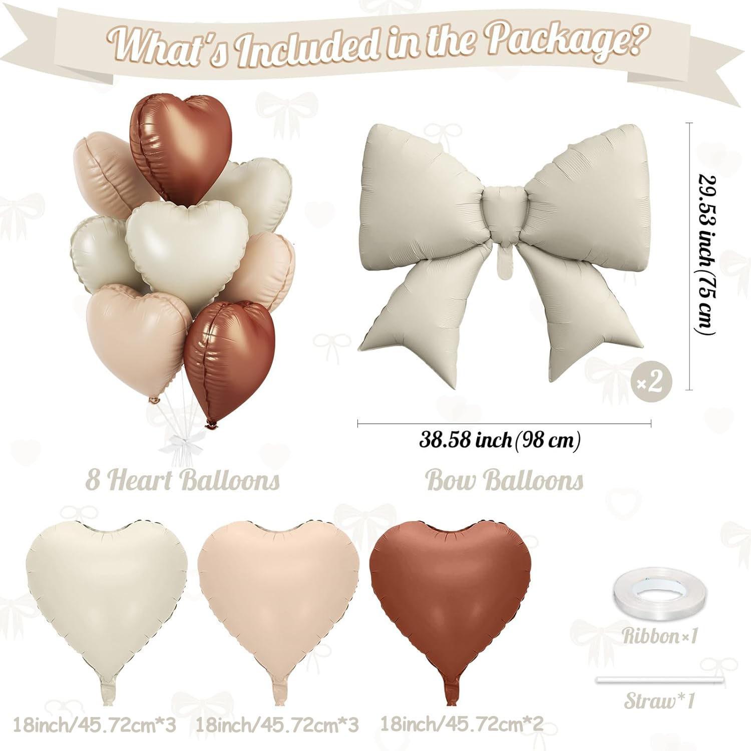 Brown cream heart-shaped balloons, foil bow balloons, 10 18 inch heart-shaped balloons and 2 38 inch bow balloons (with 2 accessories), used for birthday baby shower, Valentine's Day wedding party decoration