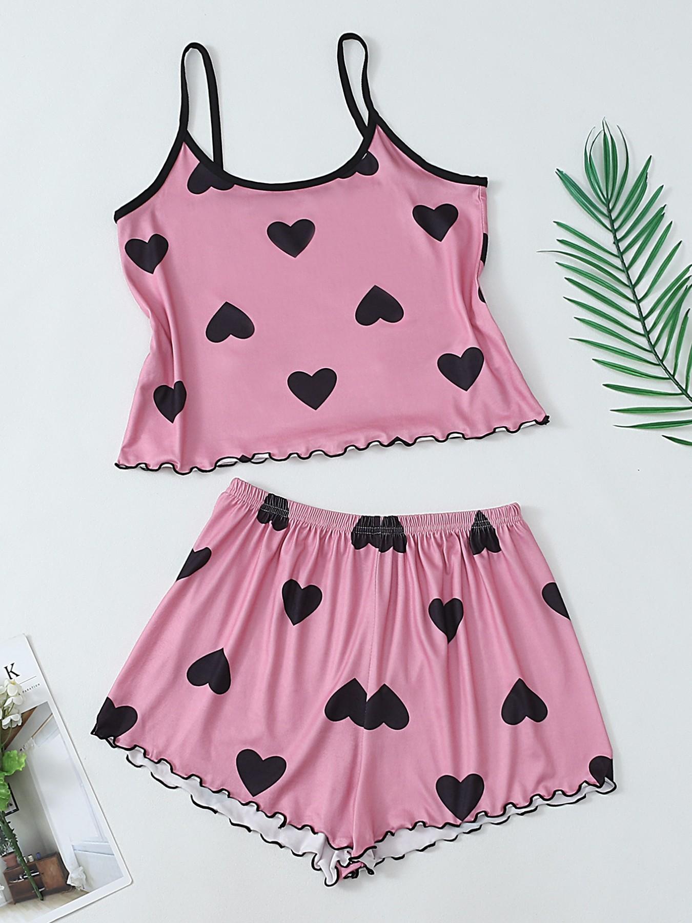 Aesthetic Pink Black Heart Pajama Set Women, Cami Top Shorts, Spring Summer Wearable, Heart Print, Relaxed Fit Loungewear