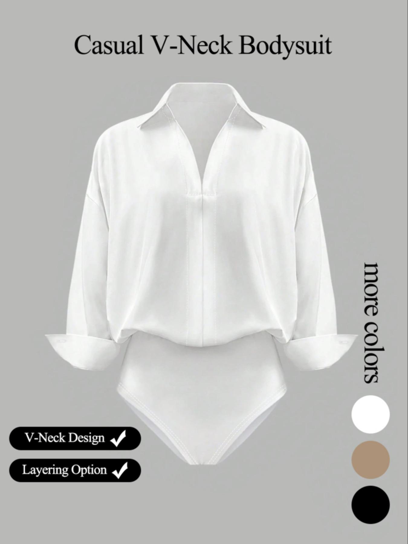 Women's casual loose V-neck long-sleeved shirt jumpsuit, elegant woven fabric, slim fit, suitable for all seasons, and can be layered flexibly.