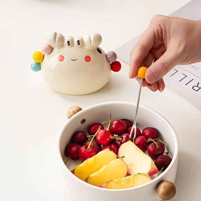 1 piece set, fruit fork box with 6-fork ceramic crab storage tank, stainless steel dessert fruit fork, portable dessert tableware.