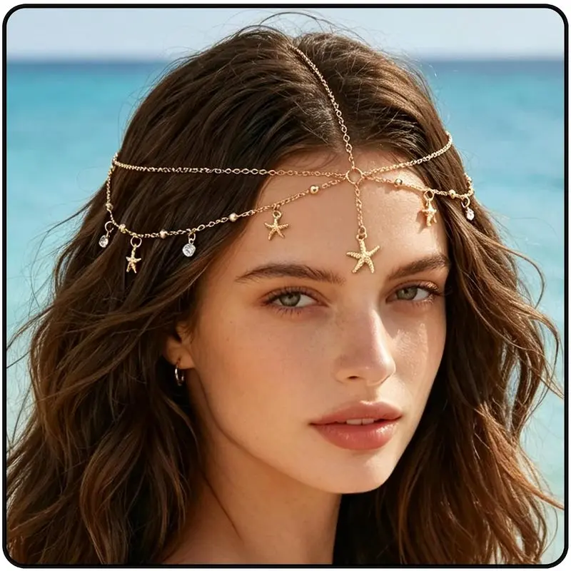 Gold Starfish Head Chain Bohemian Style Women's Headpiece Mermaid Headpiece |   Rhinestone head chain, gold headpiece, bohemian style headpiece, forehead ornament, mermaid ocean theme headpiece