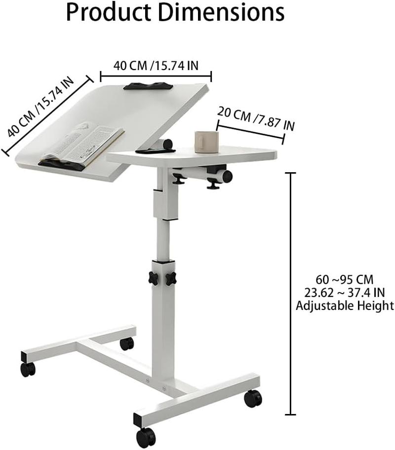 Home Overbed Table with Wheels, 23.6-37.4in Height Adjustable Over Bed Table Movable Rolling Bedside Table Standing Desk Bed Table Hospital with 0-90 Degrees Tilting Surface