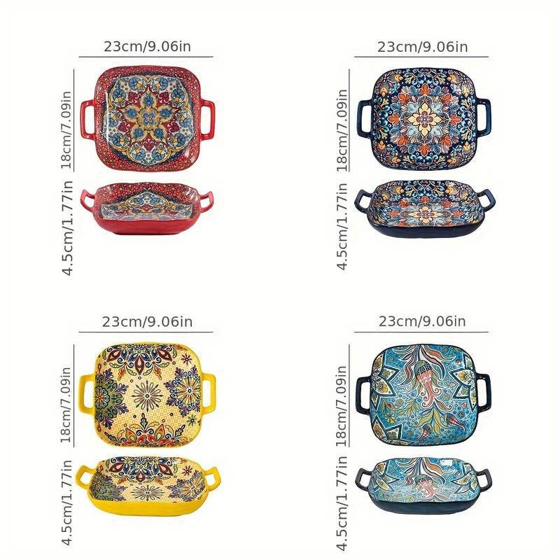Bohemian Style Ceramic Bakeware Set, 4 Counts/set Square Dual-handle Plates for Baking Fruits Pasta, Oven & Microwave Safe Dishes for Home Use, Salad Serving Plates
