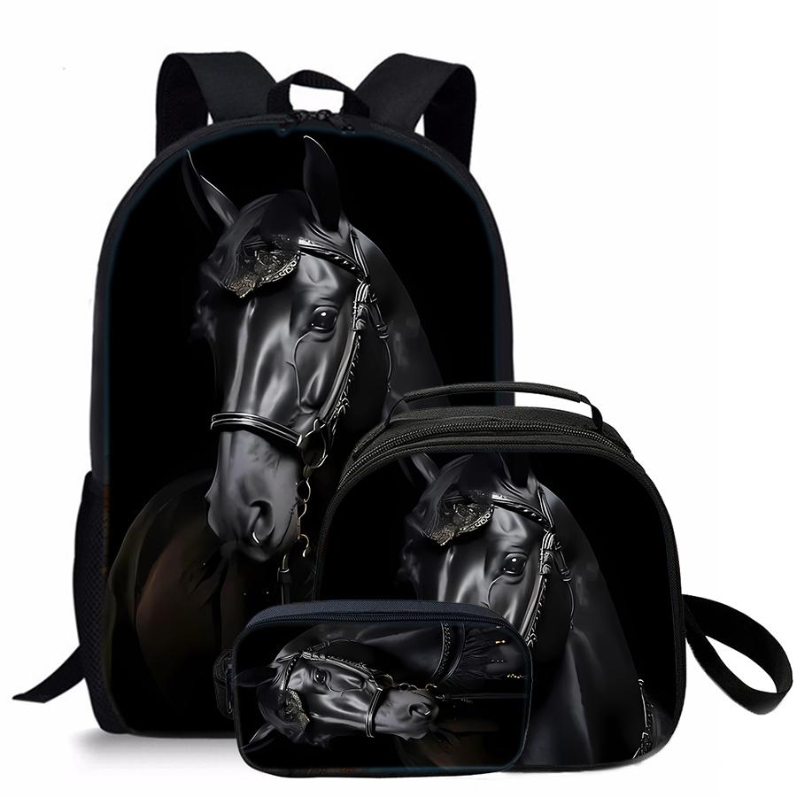 Horse pattern printed 17-inch backpack three-piece set (single-layer backpack + round lunch bag with shoulder strap + single-layer pencil case)