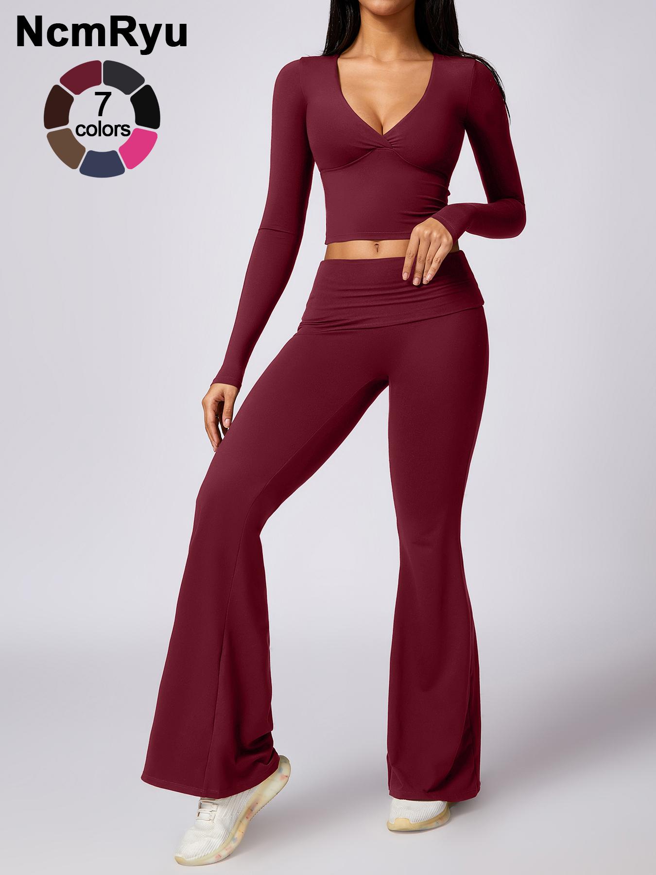 Women's Patchwork High Elastic Deep V-Shaped Collar Detachable Chest Pad Long Sleeve Oblique Waist Slim Fit Flared Pants Yoga Clothes suit Sweatsuit Set Outdoor Running Cycling Walking Gym Sports Training Workout Set Athleisure Wear Set