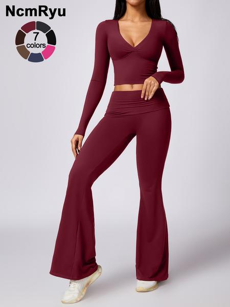 Women's Patchwork High Elastic Deep V-Shaped Collar Detachable Chest Pad Long Sleeve Oblique Waist Slim Fit Flared Pants Yoga Clothes suit Sweatsuit Set Outdoor Running Cycling Walking Gym Sports Training