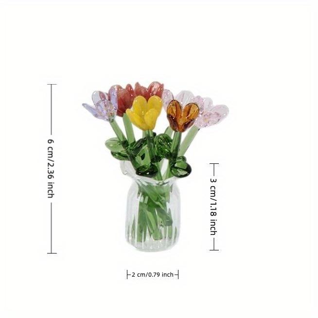 1 set (7 flowers+1 vase) glass simulation flower decoration ornaments, handcrafted mini glass flowers, DIY flower arrangement bouquets, faux flowers, Artificial mixed flower, Decorative Flowers Bouquet, suitable for gifting, event decorations