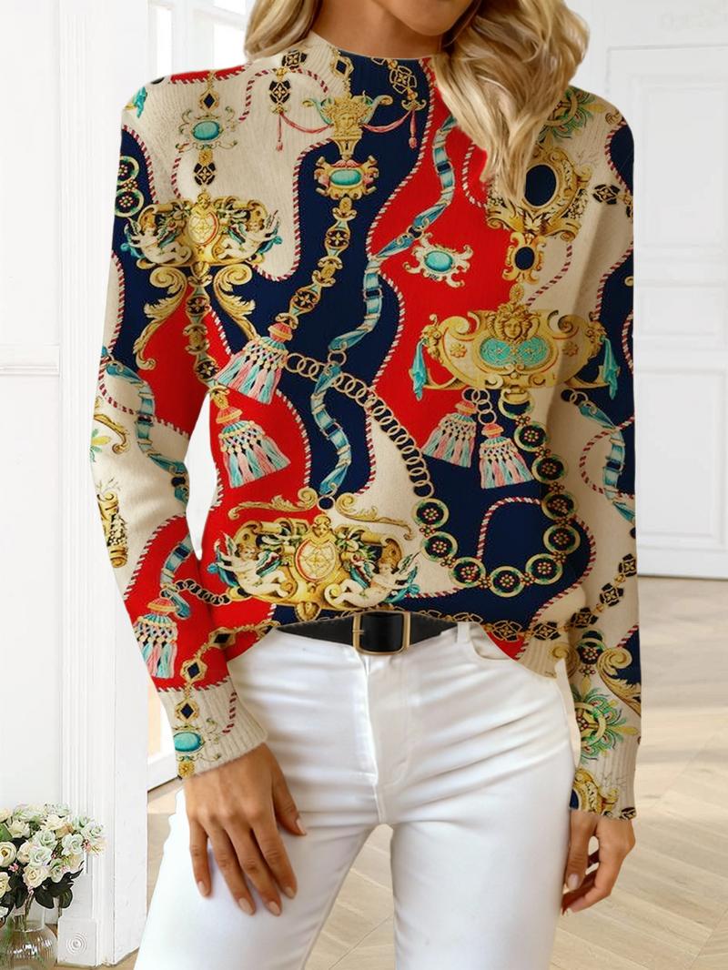 Women's Elegant Baroque Print Stand Collar Sweater, Fall Winter Casual Long Sleeve Knitwear, Comfortable Warm Top for Daily Wear