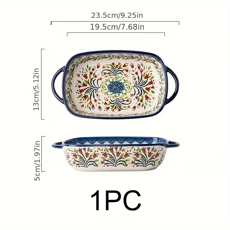 730ML Floral Ceramic Baking Dish, Rectangular Serving Dish with Handles, Ideal for Rice, Salad & Cheese, Elegant Kitchen Essential