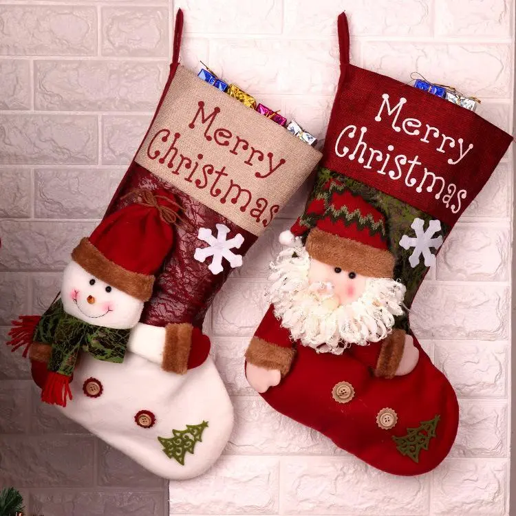 Charming 3D Applique Christmas Stocking Burlap Fabric Hanging Fireplace Gift Bag Festive Holiday Decoration Single Unit