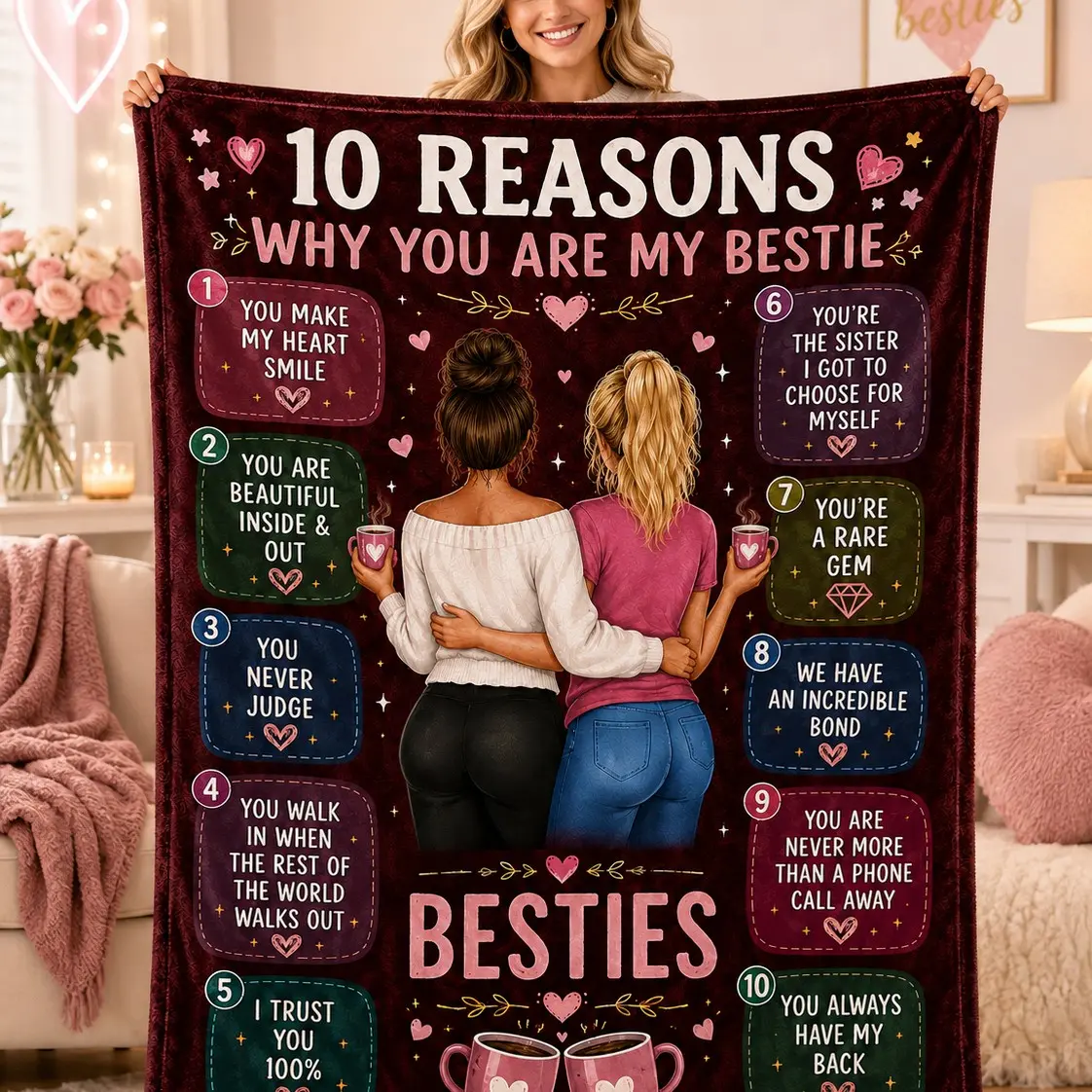 10 Reasons Why You Are My Bestie Flannel Throw Blanket, Best Friends BFF Gift Quote Print Blanket, Sentimental Soft Sofa Bed Blanket For Best Friend