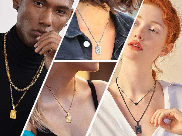 PROSTEEL Initial Tag Necklace Stainless Steel Rectangular Square Letter Necklace Alphabets from A-Z Chain Jewelry Unisex For Men Women Gift Box