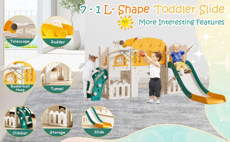 SUNNYGLADE 7 in 1   Multifunction  Toddler Slide, Kids Climber Slide with Storage Space and Non-Slip Steps, Toddler Playset with Basketball Hoopa and Telescope,   Colorful  Indoor Outdoor Playground for Toddler