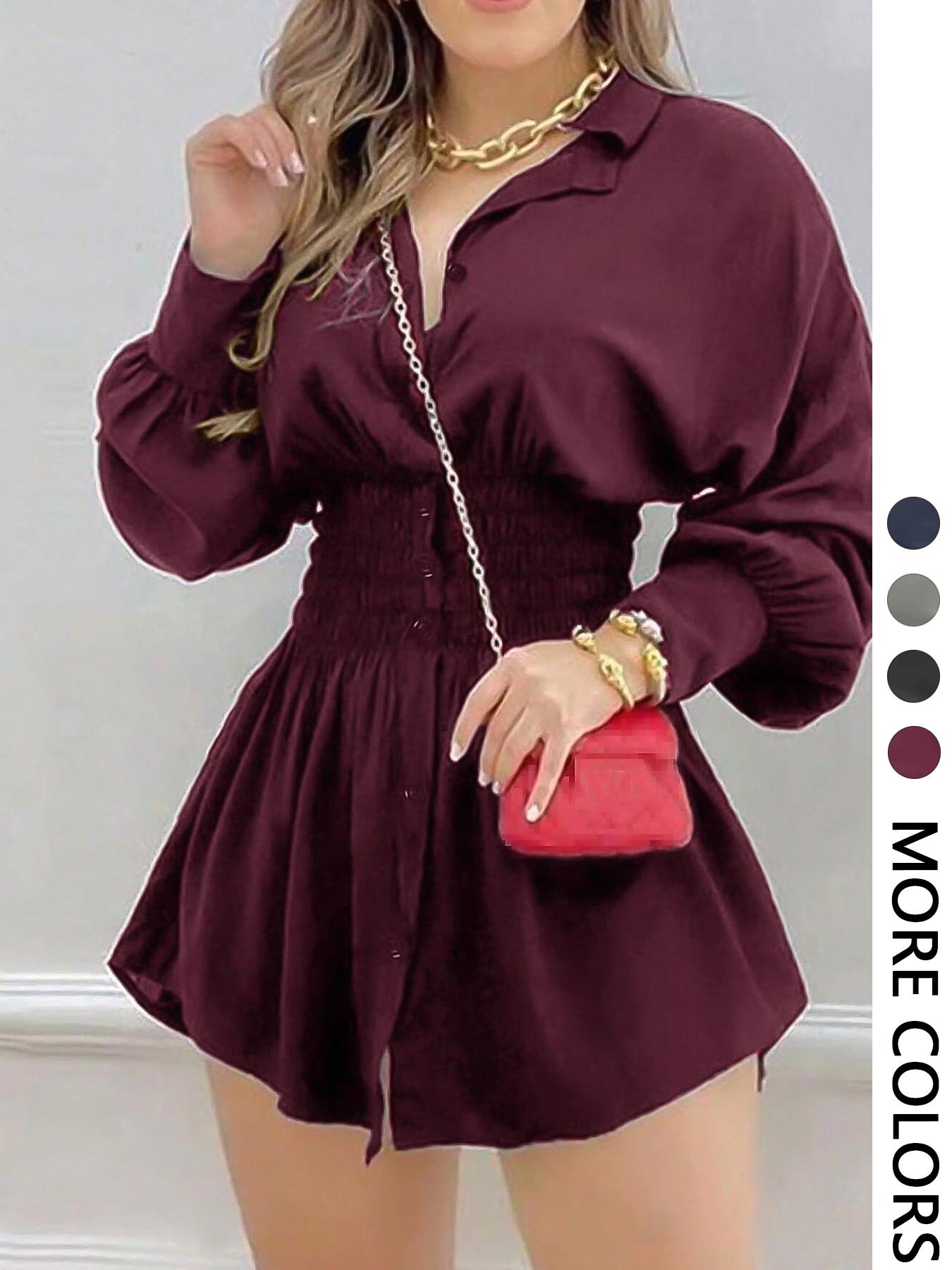 Women's Fashion Trendy Solid Color Pleated Waist Long Sleeve Dress, Casual Fitted Style, All Seasons Wear, Plain Pattern