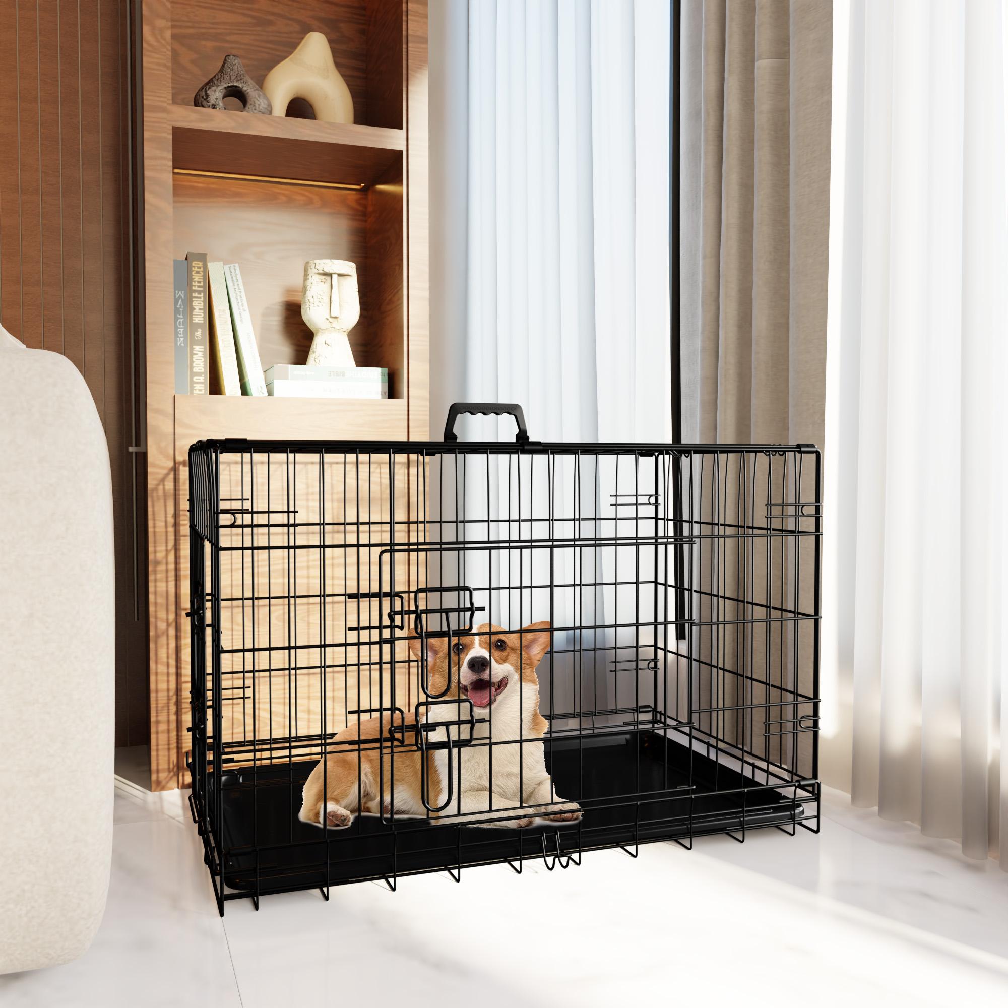 【TikTokShopfalldealsforyou】Foldable Metal Dog Crate with Divider and Leak-Proof Tray, Double Door Wire Kennel for Medium to Large Dogs, Indoor Outdoor Travel Use, 30/36/42/48 Inch