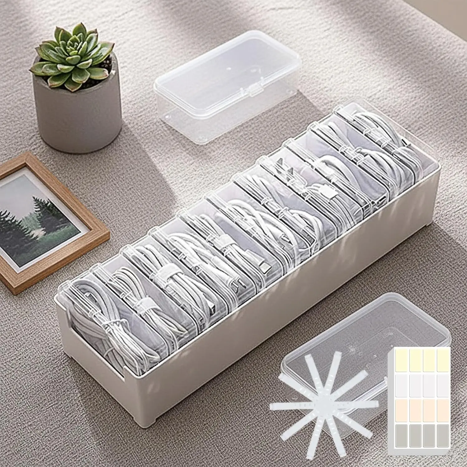 11 Case Cable Storage Box with Cable Straps and Label Stickers, Cord Organizer for Charging Cables, USB Wires, Earphones – Travel Cable Holder for Desk Drawer Organization (11 Cases + 11 Cable Straps)